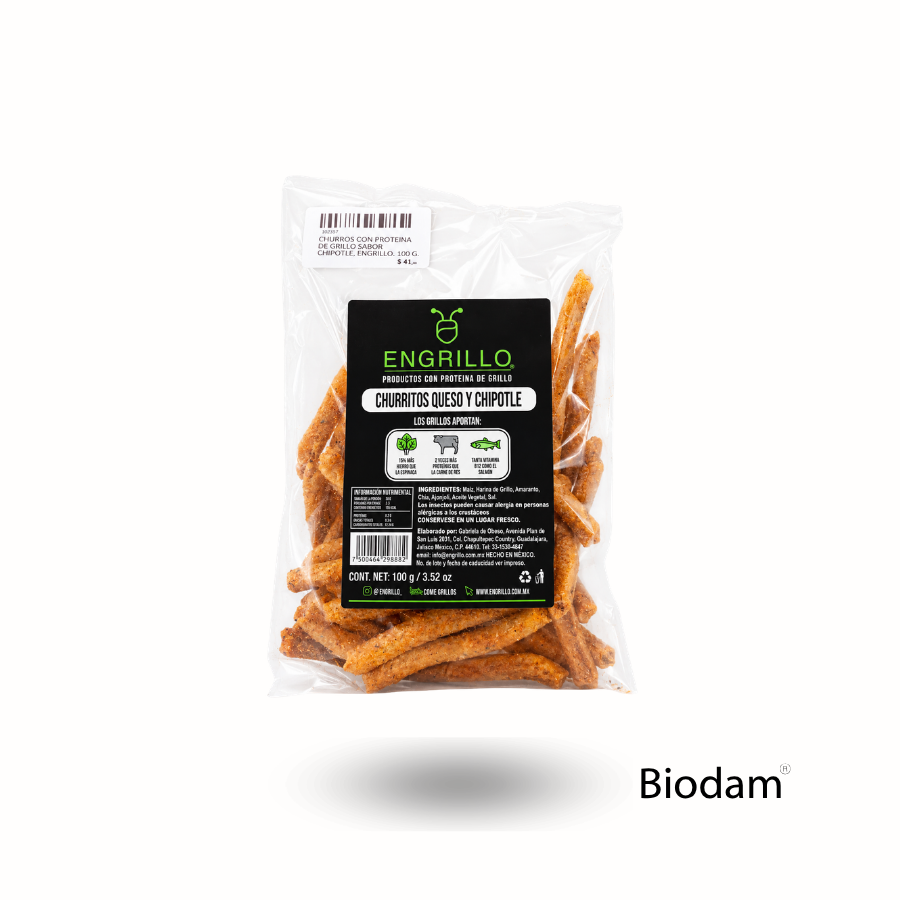CHURROS CON PROTEINA DE GRILLO SABOR CHIPOTLE, ENGRILLO, 100 G.