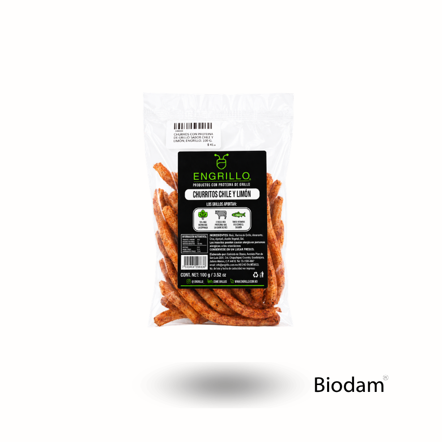 CHURROS CON PROTEINA DE GRILLO SABOR CHILE Y LIMON, ENGRILLO, 100 G.